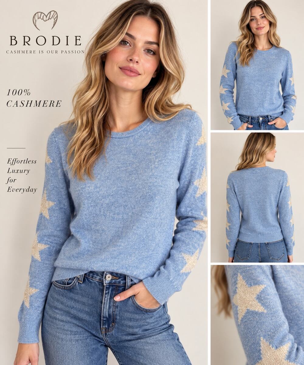 Brodie 100% Cashmere Star Sleeve Sweater Small Light Blue Luxury Preppy Knit